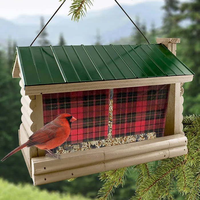 Lake & Cabin Buffalo Plaid Tall Hopper Feeder with Green Metal Roof